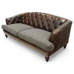Tetrad - Harris Tweed and leather upholstered Chesterfield sofa, curved back and arms  with deep buttoned brown leather upholstery above loose herringbone tweed seat cushions with brown leather piping, raised on turned wooden feet 