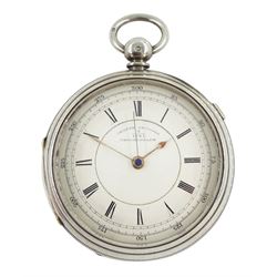 Victorian silver centre seconds key wound chronograph pocket watch No. 31741, white enamel dial with Roman numerals, outer seconds track numbered 25-300, case by Samuel Yeomans, Chester 1882