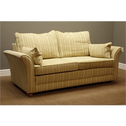  Duresta frame two seat sofa upholstered in pale gold striped fabric with scatter cushions, turned light beech feet, W182cm, D95cm  