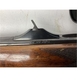 30-06 Steyr-Mannlicher Model M bolt-action rifle, the 61cm hammer forged barrel with side safety, double set trigger and lift-out rotary magazine, walnut stock with chequered pistol grip and fore-end and additional soft leather cheek piece, Pecar Berlin Champion 8 x 45 telescopic sight with quick release mounts, serial no.204791 L111cm FIREARMS CERTIFICATE REQUIRED OR RFD