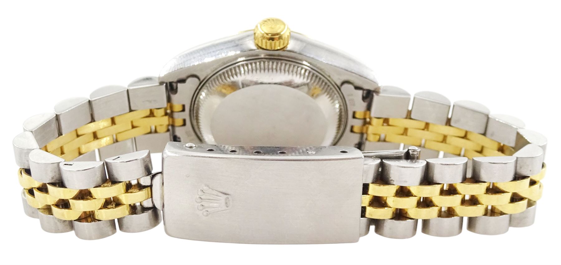 Rolex Oyster Perpetual DateJust ladies stainless steel and gold automatic wristwatch, circa 1999, Ref. 79173, serial No. A854711, blue jadeite dial with diamond dot hour markers at 6 and 9 o'clock, on Rolex Jubilee stainless steel and gold bracelet, with fold-over clasp, boxed with papers and additional links
