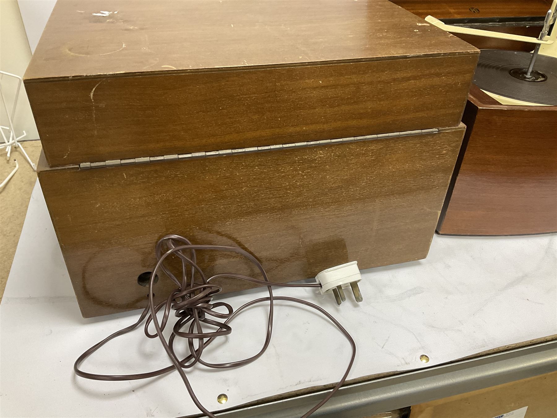 Three 1950s Pye Black Box Hi-Fi gramophones in mahogany cases, to include two examples with BSR Monarch turntable decks, W43cm D35cm H28.5cm