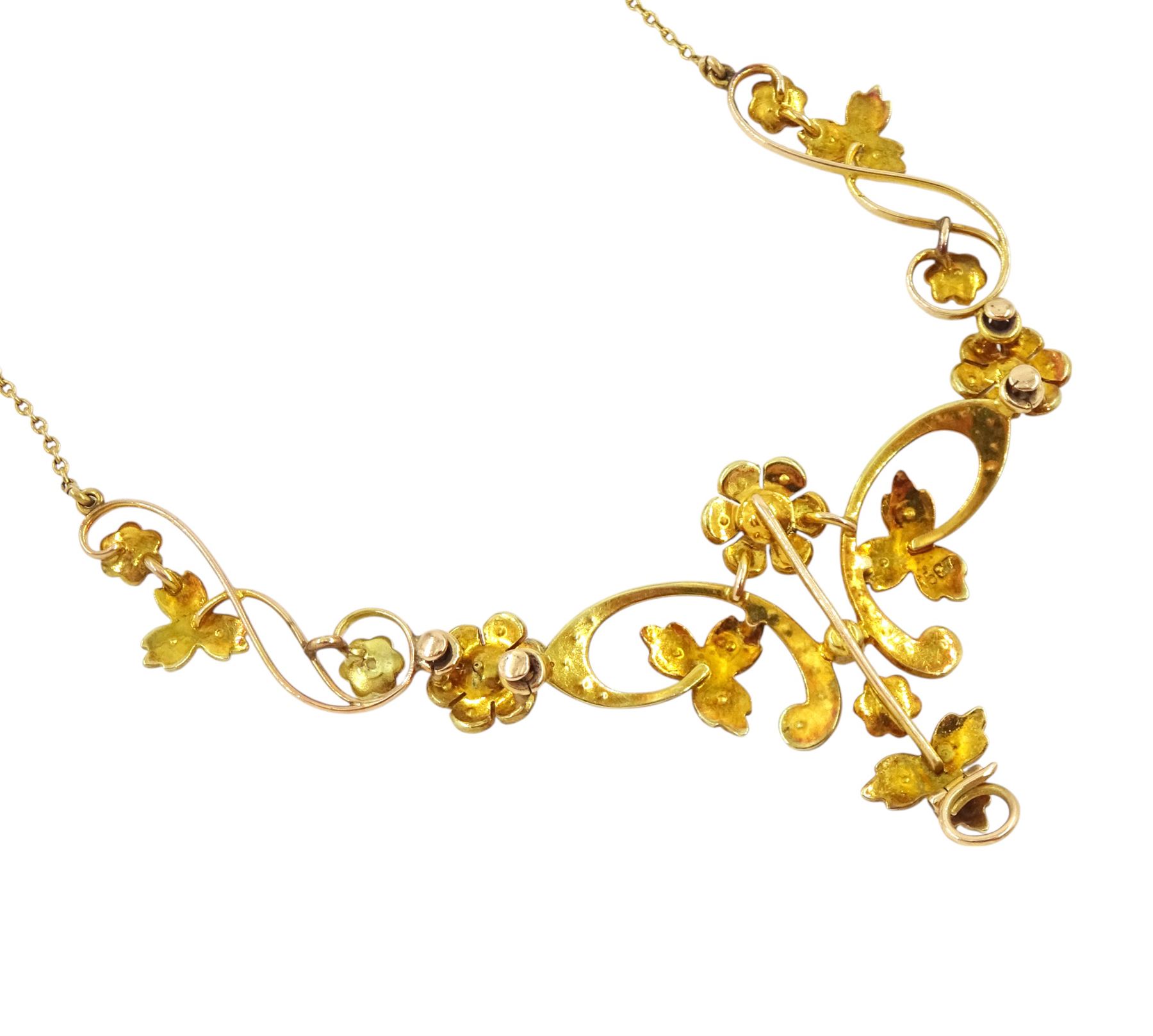 Edwardian gold split pearl flower head and foliate necklace, stamped 15ct
