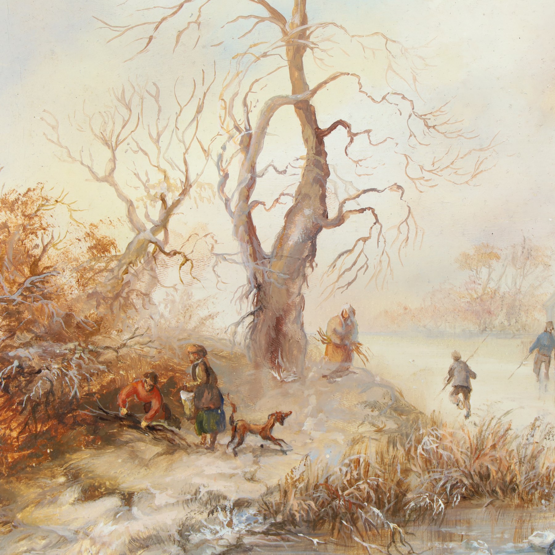 Mária Toldy (Hungarian 1939-) after Fredrik Marinus Kruseman (Dutch 1816-1882): Woodland Ice Skating Scene, pair of oils on panel signed 19cm x 25cm (2) (unframed)