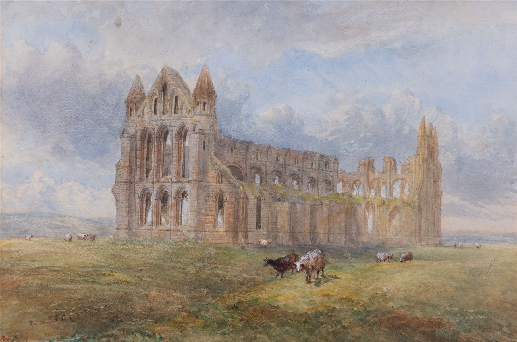 Richard Weatherill (British 1844-1913): Whitby Abbey with Cattle Grazing, watercolour signed with initials 23cm x 34cm