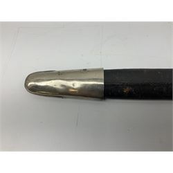 Reproduction Scottish basket hilted broadsword with 85cm double edged steel blade and red lined basket hilt with wire bound grip, in white metal mounted leather scabbard 107cm overall