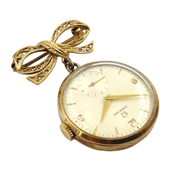  Omega 9ct gold fob watch calibre 266, back case stamped 754948, Birmingham 1956, with 9ct gold bow brooch hallmarked  