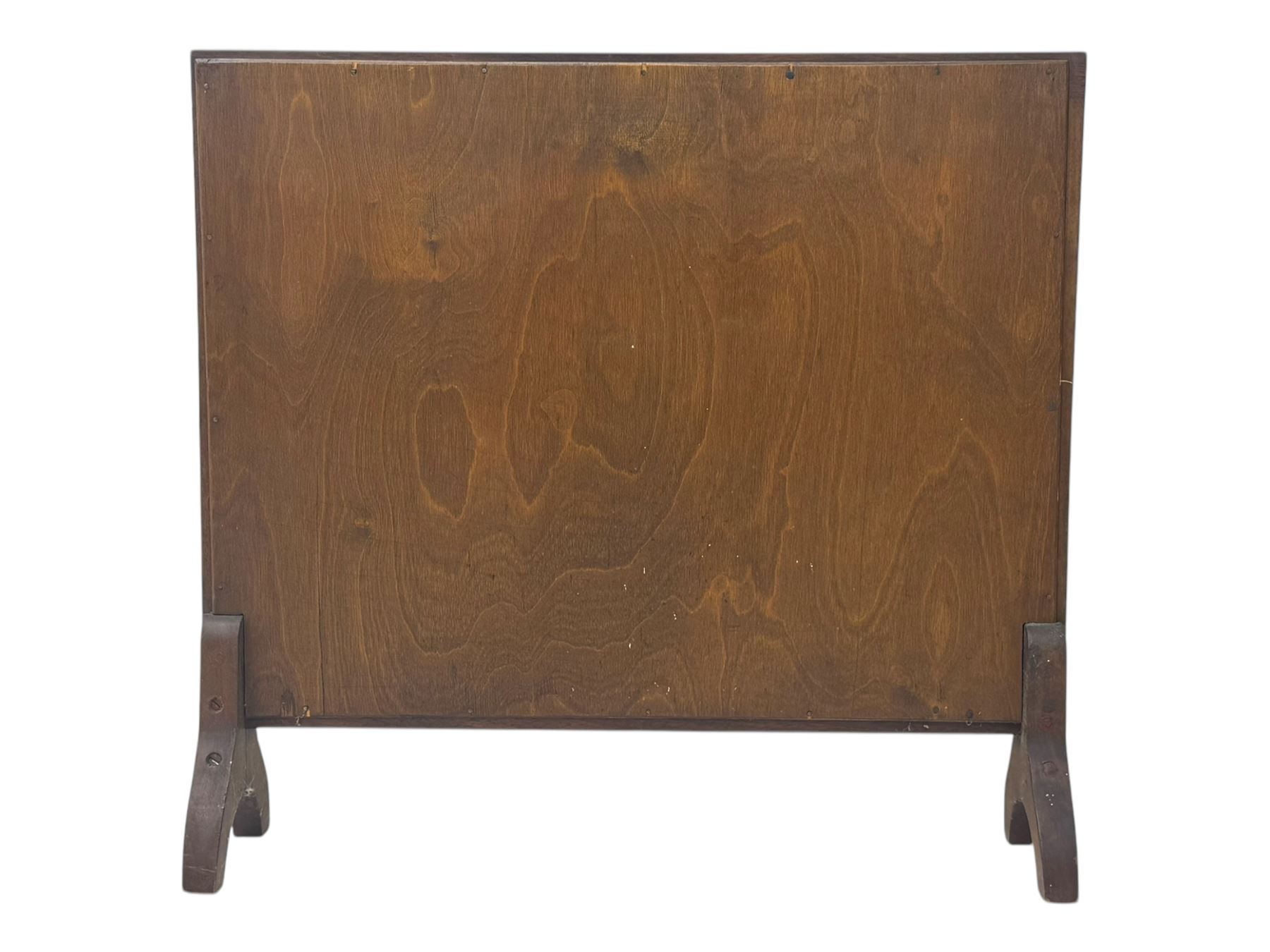 Pair of early 20th century mahogany side tables, each with rectangular tops, raised on turned supports joined by curved stretchers, terminating in splayed feet; mahogany fire screen, rectangular frame housing needlepoint floral panel, on shaped supports (3)