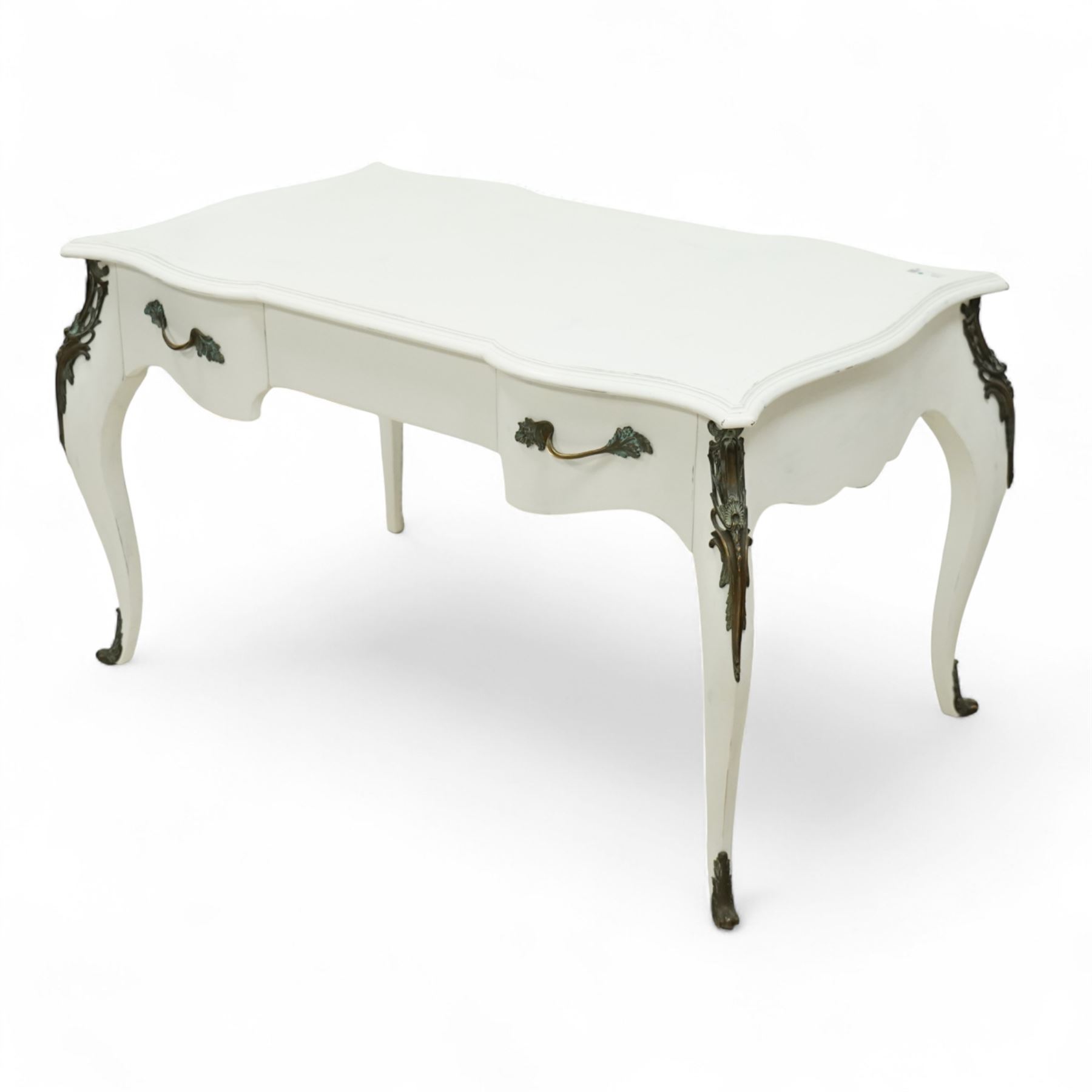 And So To Bed - French design white painted dressing table, serpentine top over two drawers, with decorative mounts and shaped cabriole legs