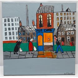 William Findley Burns (Northern British 1949-): 'The Chip Shop', oil on canvas signed, titled verso 40cm x 40cm (unframed)