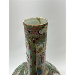 A 19th century Chinese Canton Famille Rose vase, of globular form with tall neck, and cover with finial, decorated with alternating panels of figural scenes, and birds and butterflies amongst blossoming and fruiting trees, with foliate surround against gilt, overall H57cm. 