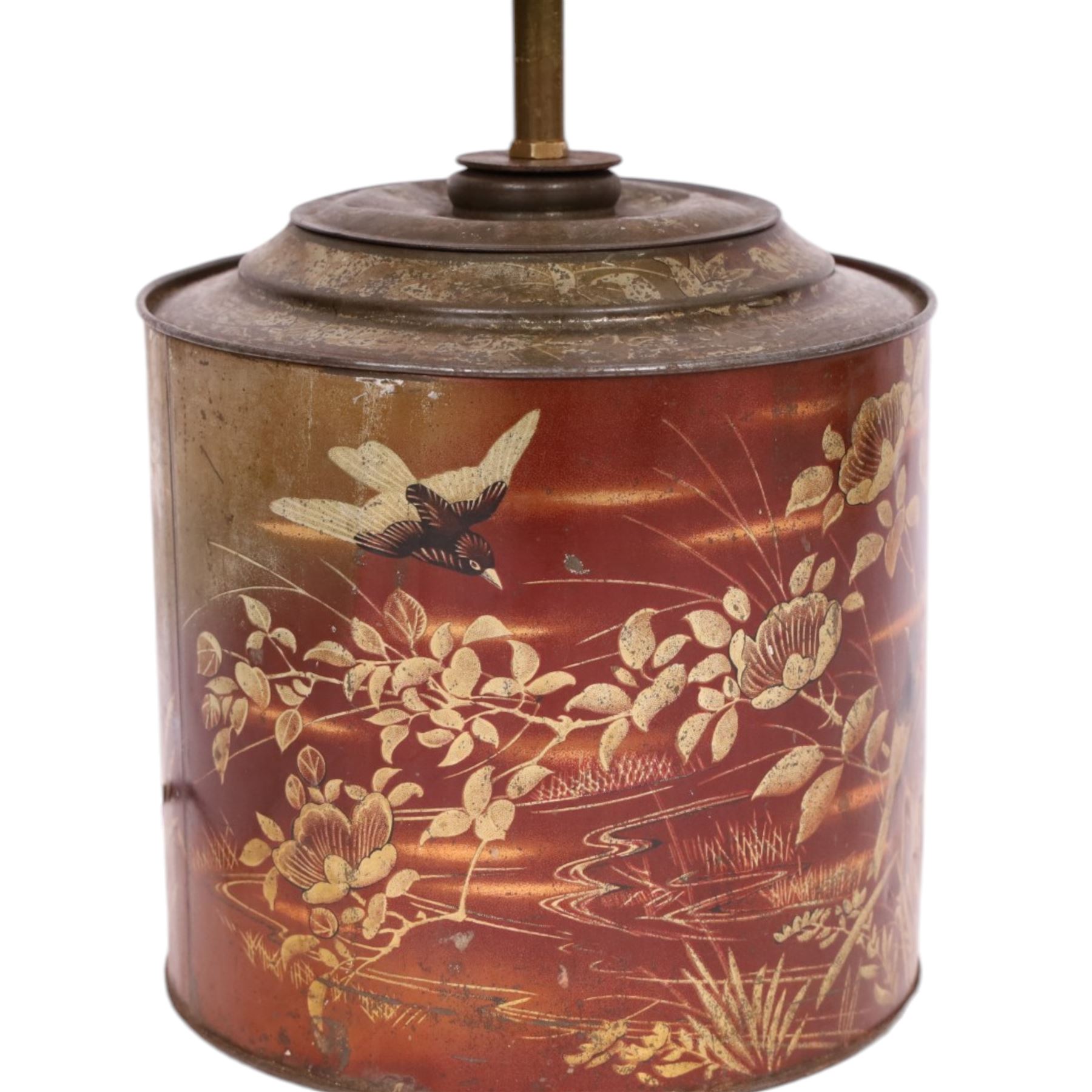 19th century - S. Parkinson & Son of Doncaster, toleware confectionary tin converted into a lamp, decorated with birds in foliage, with impressed maker's marks beneath, H37cm