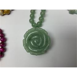 Collection of bead necklaces including green aventurine flower necklace, with silver clasp, rose quartz flower bracelet, agate bead necklace, with matching bracelet, silver chains, pearl wristwatch, etc