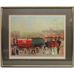  'Big Bertha comes to Lees', limited edition colour print of 750 signed in pencil by Helen Bradley (British 1900 - 1979) with Fine Arts Guild blind stamp 48cm x 62cm  