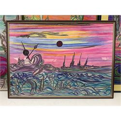 Dot Needham (British 20th century): 'Epitaph to the Gulf' 'Martian Massacre' 'Rendezvous' and Psychedelic Sci Fi Vortex, set four pastels on paper signed verso max 83cm x 58cm (4)