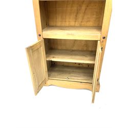 Pine open bookcase on cupboards, two shelves, platform support