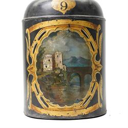 Regency period black toleware canister, painted with a scene of a castle with mother of pearl inlay, within painted gilt border, H39cm 
