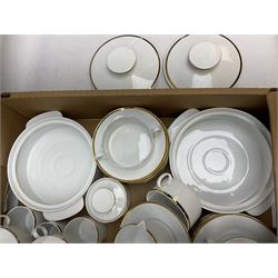 Thomas of Germany part tea and dinner service, in white with gilt edging, to include dinner plates, two tureens, twin handled soup bowls, coffee cans and saucers etc