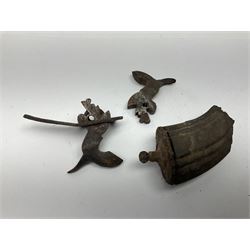 WW2 German Luftwaffe Mess cutlery comprising table spoon and fork, each with H.M.Z.38 mark; WW1 British War Medal awarded to L-13858 Gnr. J. McCabe R.A.; and small quantity of military badges, rank pips etc