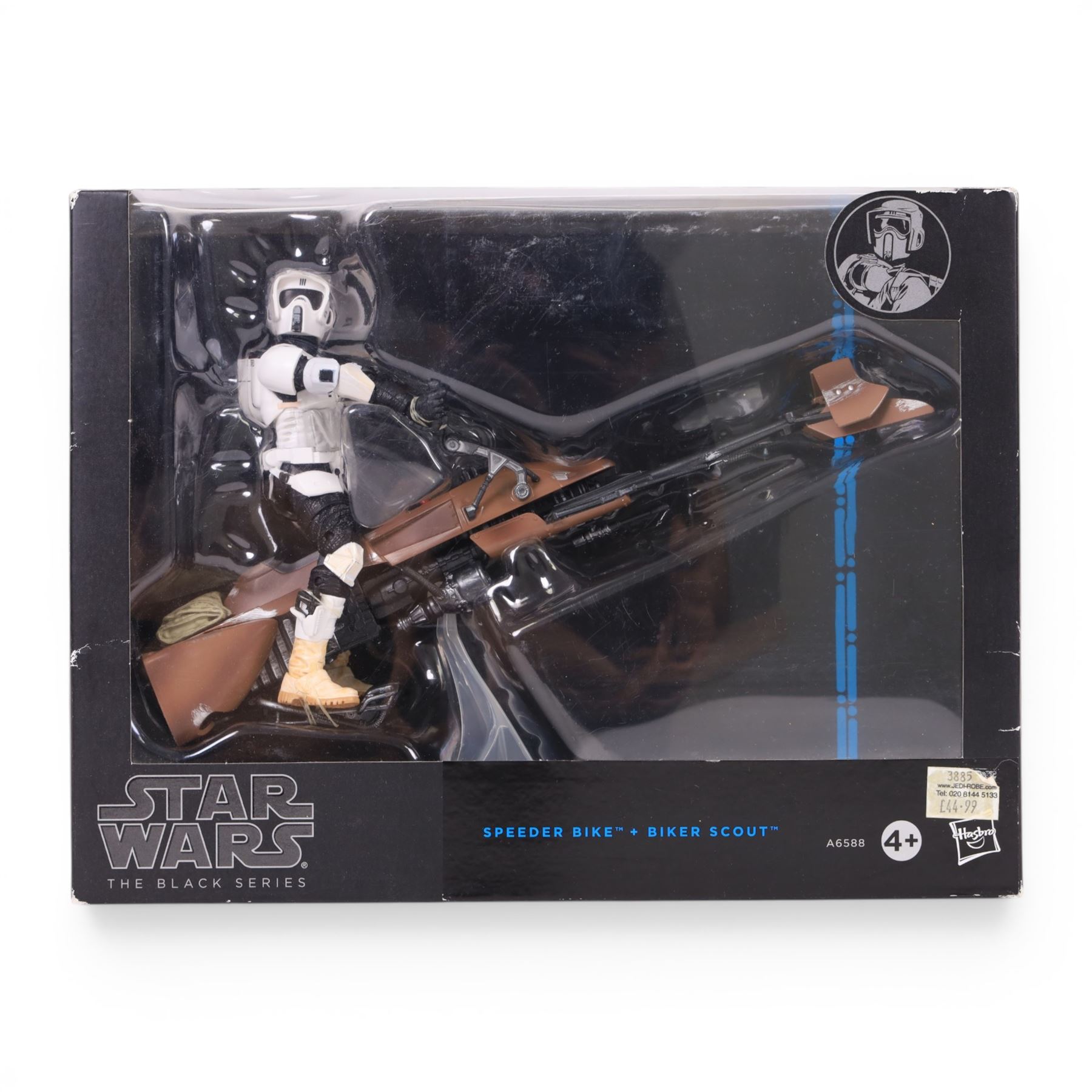 Four Star Wars Black Series figures, comprising Obi Wan Kenobi, First Order Storm Trooper, Speeder Bike Biker Scout and Imperial Shadow Squadron, all boxed
