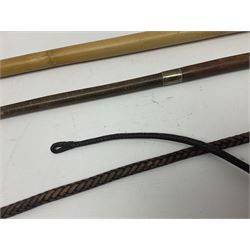 Late Victorian leather hunting whip, with antler handle and presentation engraving to hallmarked silver collars, together with a horse measuring walking stick, whip L205cm