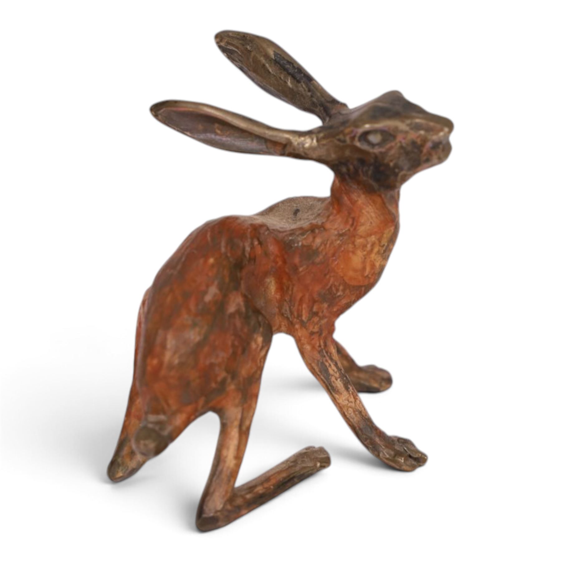 Small bronze sculpture of a hare, possibly Michael Storey (British, b.1948), H5cm 