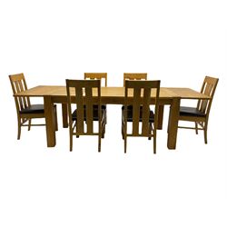 Solid light oak rectangular dining table, with end two leaves, and six high back chairs with upholstered seats, table extending to 260cm
