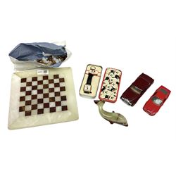 Onyx chess set, W21cm, Mickey Mouse watch in tin, Corgi Rolls Royce Corniche model, Aston Martin model and an onyx dolphin figure 