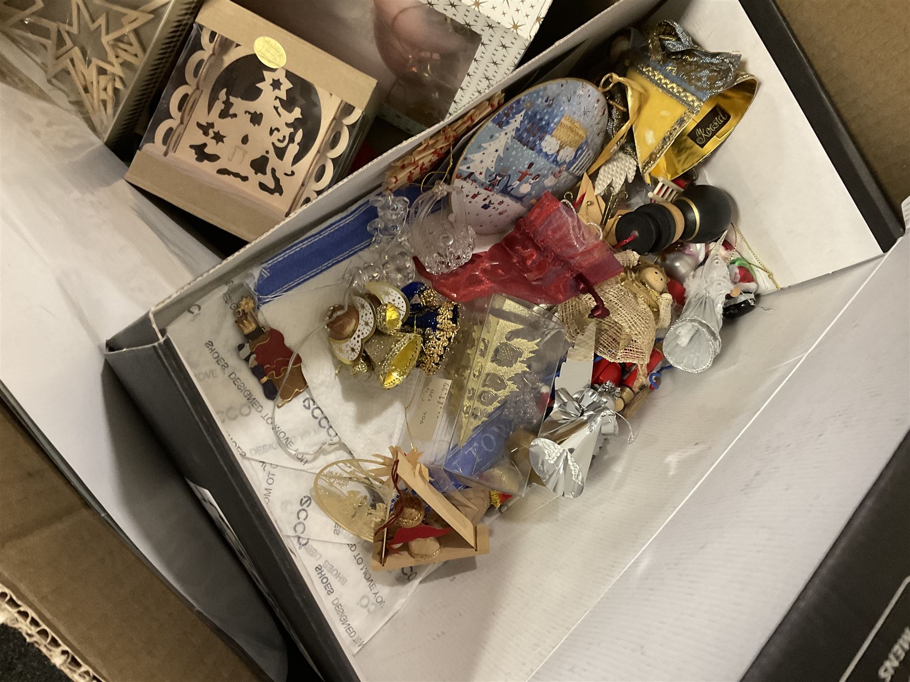 Artificial Nordic style 6ft Christmas tree, together with a large collection of baubles, small light up Christmas tree, tree skirt and other Christmas decorations, including some vintage examples