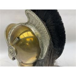 French Model 1913 mounted gendarmerie helmet; brass bodied with nickel mounts, chin strap, comb and horse-hair H27cm (no liner)