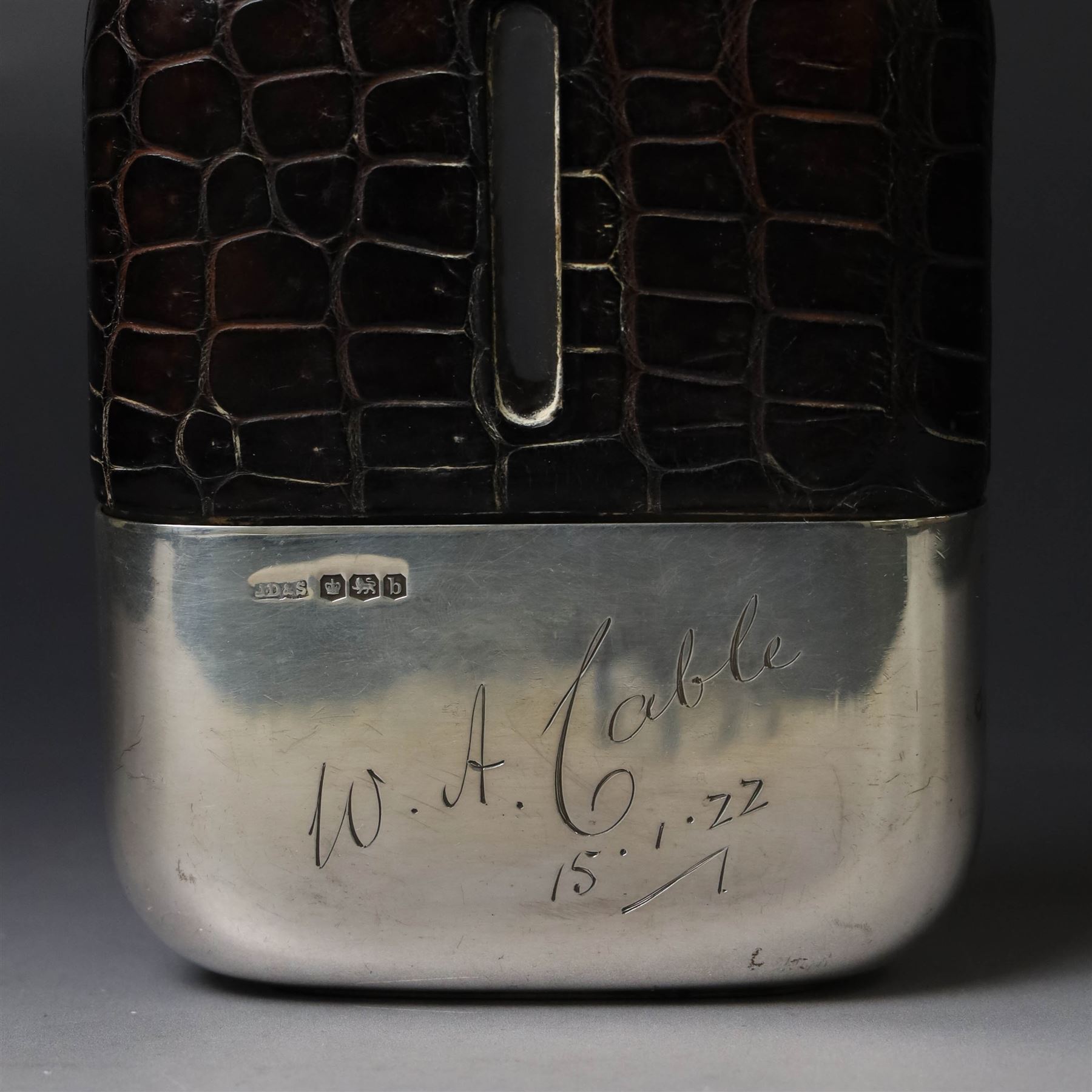 Early 20th century silver and leather mounted glass hip flask, with silver cover and removable silver cup engraved with name and date, hallmarked James Dixon & Sons Ltd, Sheffield 1919, H15cm