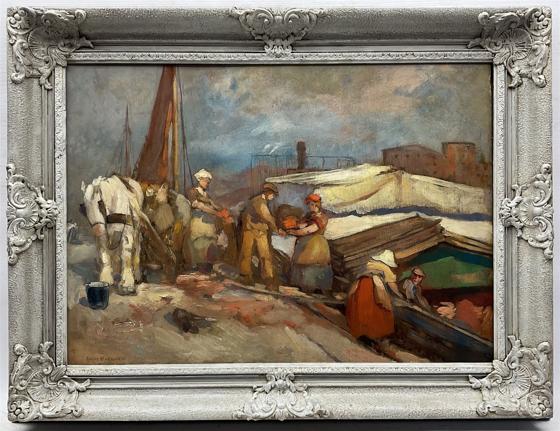 August Willem Van Voorden (Dutch 1881-1921): Loading a Barge, oil on panel signed, indistinctly inscribed on labels verso 48cm x 69cm