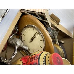 Quantity of clocks, figures, wood boxes and glassware etc in two boxes