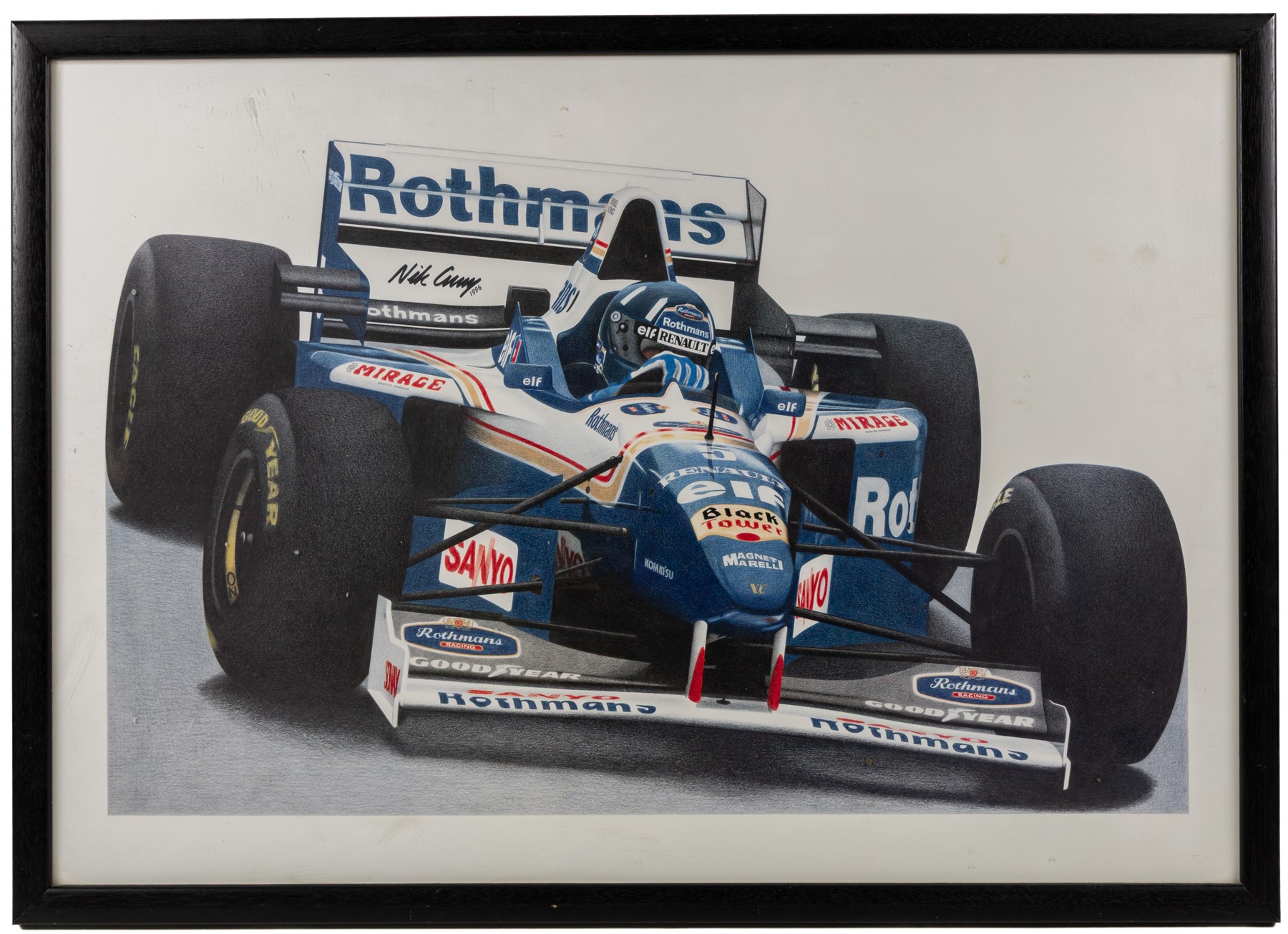 Four Formula 1 racing prints by Nik Curry, all within black frames, largest H38cm, W58cm