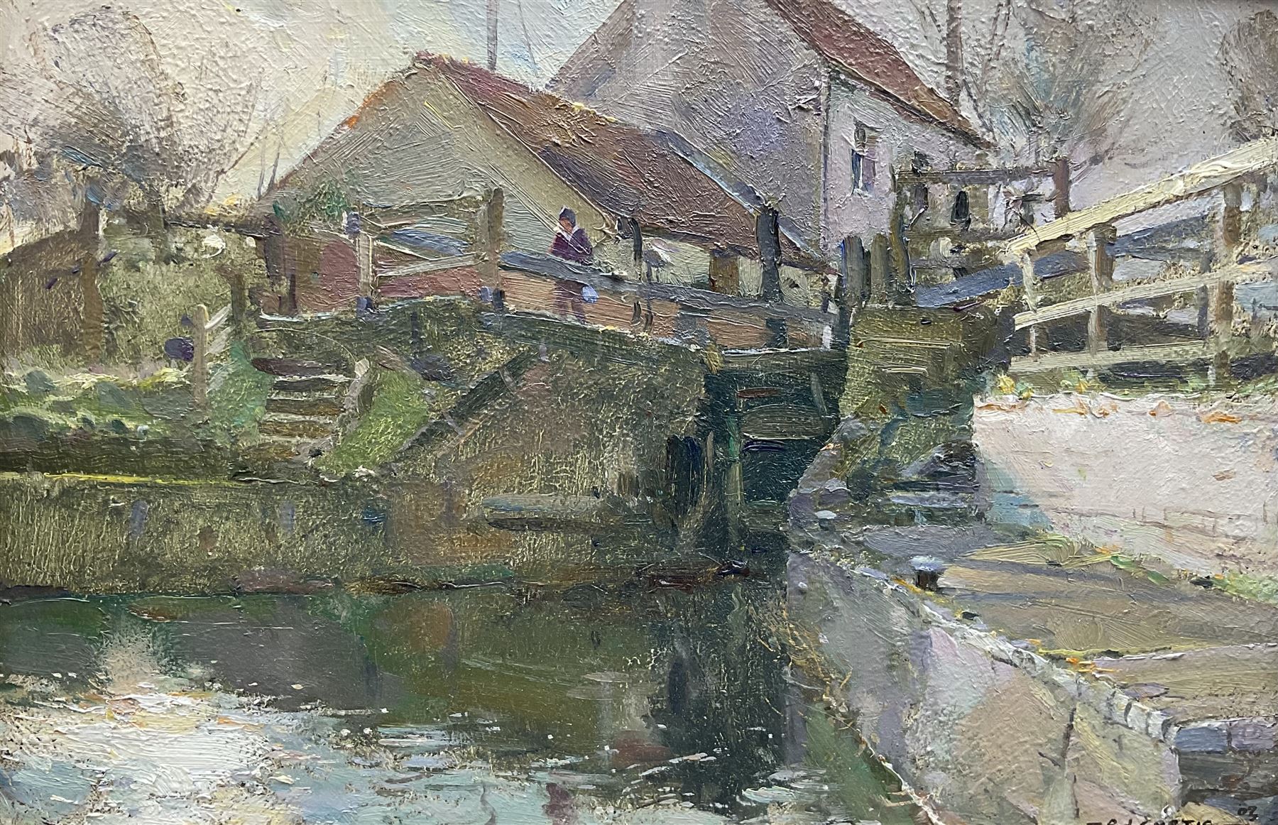 David Jan Curtis (British 1948-): Lock Scene with Figures, oil on board signed 19cm x 29cm