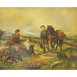Attrib. William Hamilton Snape (British 1862-1904): Scottish Hunters Taking a Rest, oil on canvas signed with initials 29cm x 34cm