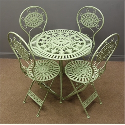  Green finish wrought metal circular garden table (D70cm, H75cm), and four folding chairs  