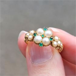 19th / early 20th century 18ct gold emerald and pearl flower head cluster ring, with pearl set shoulders and engraved foliate shank