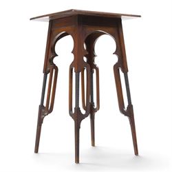 Art Nouveau design mahogany side table, square moulded top over pierced scroll shaped aprons, on four openwork supports