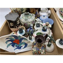 Wedgwood Jasperware lidded cylindrical jar and tulip vase, Spode Copeland's jug, two luster jugs, and other decorative ceramics and collectables, in two boxes 