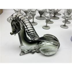 Murano glass figure of a recumbent horse, Murano Lavorazione purple and pink flower, and quantity of matching drinking glasses