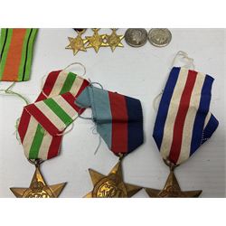 WW2 group of five medals comprising Defence Medal, 1939-1945, Italy Star, French and German Star and 1939-1945 star, with miniatures  