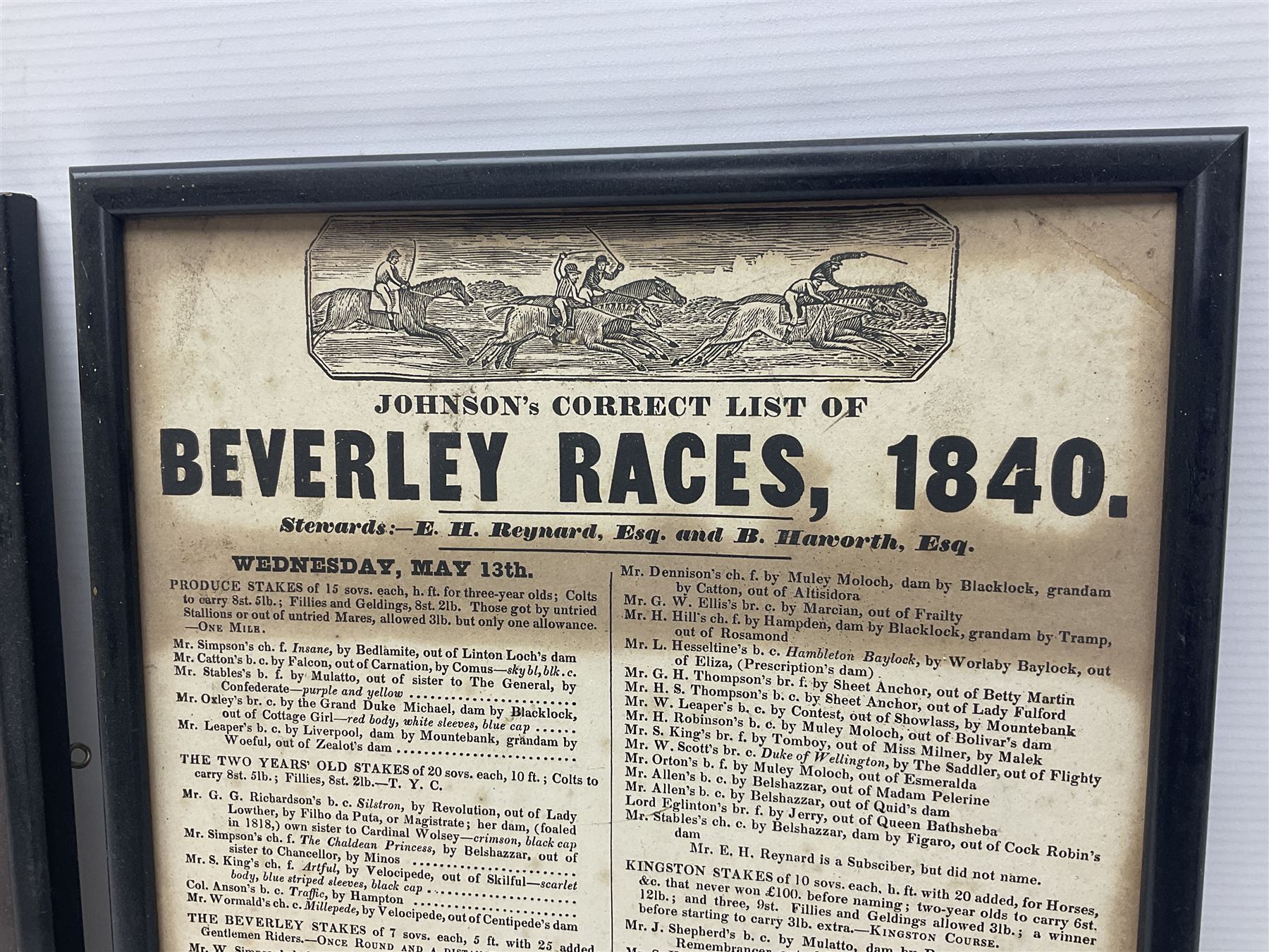 Two framed advertising posters, the first example titled 'Johnson's Correct List of Beverley Races, 1840', the second titled 'Theatre-Royal, Hull. third Night of Miss Paton's Engagement. this present Wednesday, December 29th, 1830, will be performed the celebrated Beggars' Opera', overall including frames H38.5cm W26cm