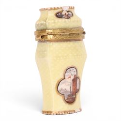 19th century continental etui or needle case, in the manor of Helena Wolfsohn, with six painted panels of marine themes upon textured yellow ground, H7cm