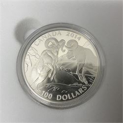 Five Royal Canadian Mint fine silver one-hundred dollar coins, comprising 2013 'The American Bison Master of the Prairie Wind', 2014 'The Majestic Bald Eagle', 2014 'Solitary Titan The Grizzly', 2014 'Clashing Totans of the Wind-Swept Crag The Rocky Mountain Bighorn Sheep' and 2015 'The Canadian Horse The Little Iron Horse', all cased with certificates