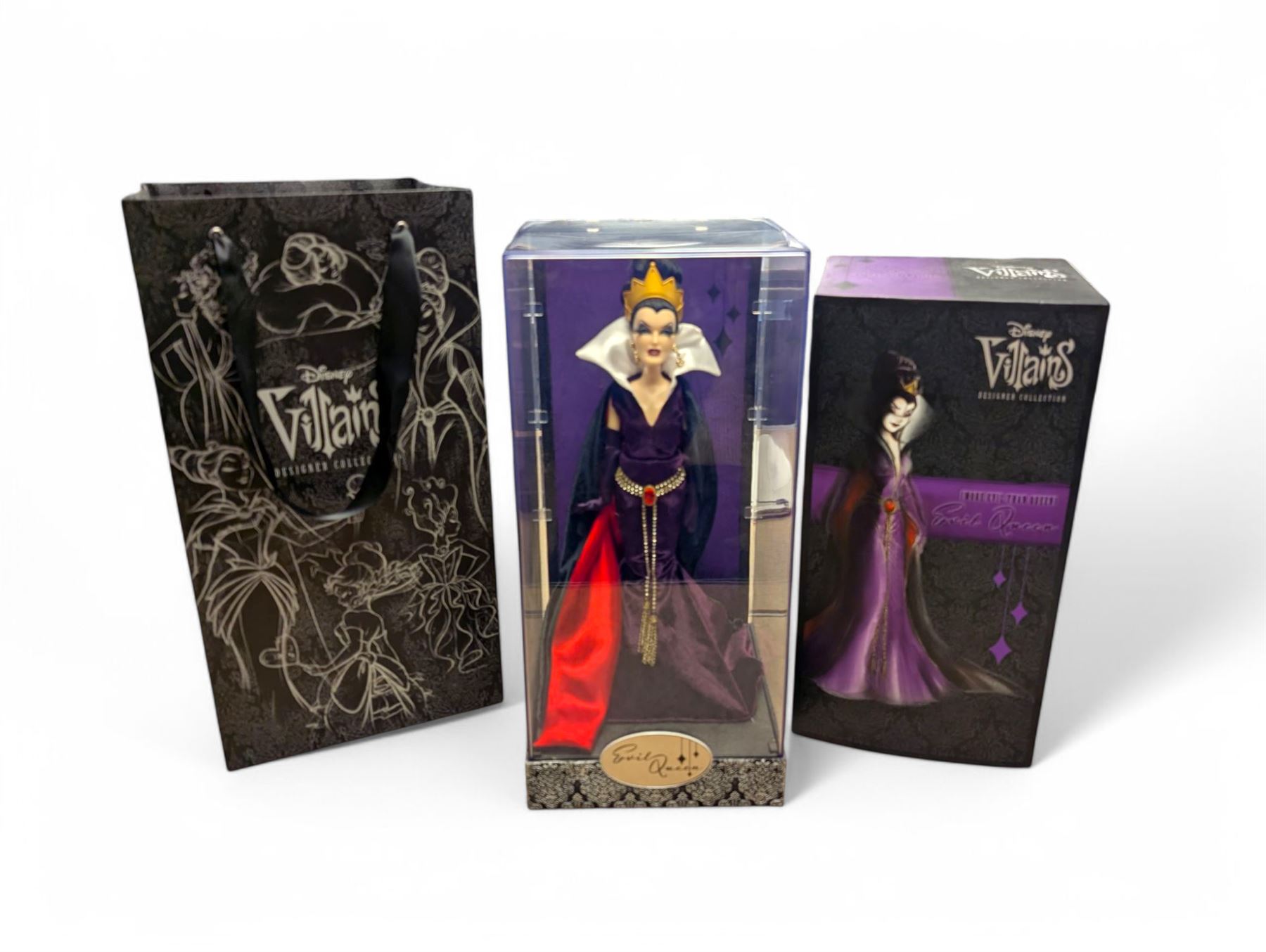 Three Disney Villains Designer Collection dolls,  'Evil Queen', 'Malificent' and Mother Gothel, all in original boxes and bags
