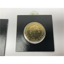 Four gold plated and coloured commemorative fifty pence coins, comprising 2017 Benjamin Bunny, Mr Jeremy Fisher, Tom Kitten and The Tale of Peter Rabbit, with Gold Strike certificate of authenticity