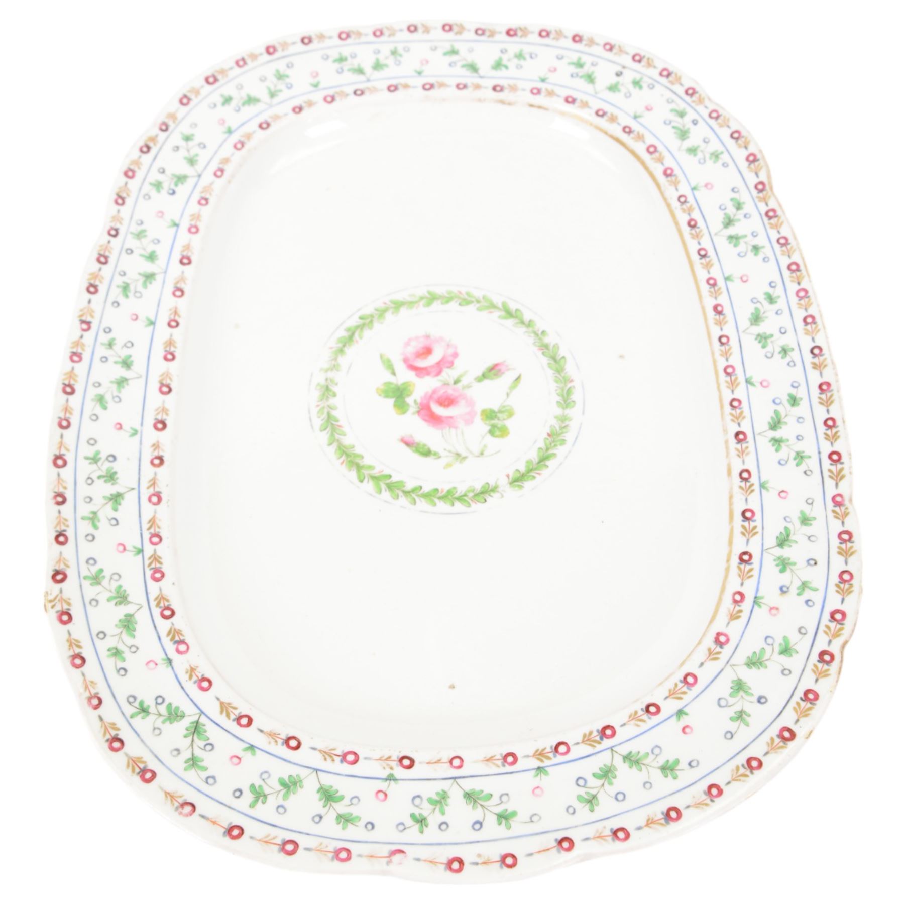 19th century serving platter, hand painted with floral sprig to the centre with floral and foliate borders, possibly Nantgarw, W48.5cm