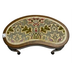 Edwardian beech dressing table chair, scallop back, upholstered in foliate patterned fabric with sprung seat, raised on cabriole supports (W50cm H73cm); and matching walnut and beech kidney shaped stool (W60 H49cm)