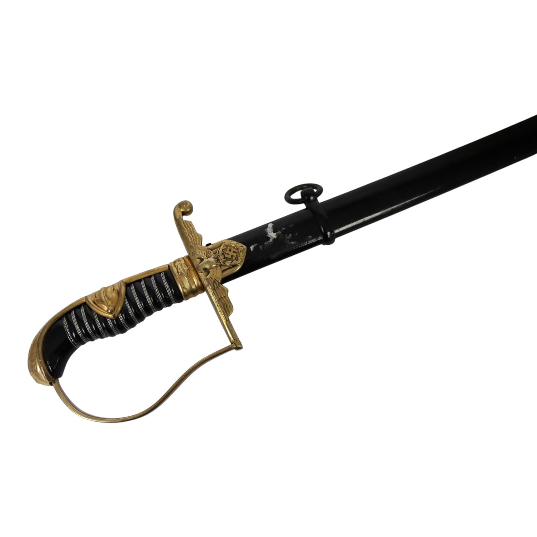 WWII German Army Prinz Eugen Pattern Officers Dress Sword by Carl Eickhorn, the 76cm slightly curving fullered blade with makers name to the ricasso, with gilt brass grip with eagle to the crossguard, guard with relief of oakleaves, Prinz Eugen style down winged eagle to the pommel of the backstrap, in original black painted scabbard with single hanging ring, overall L94cm